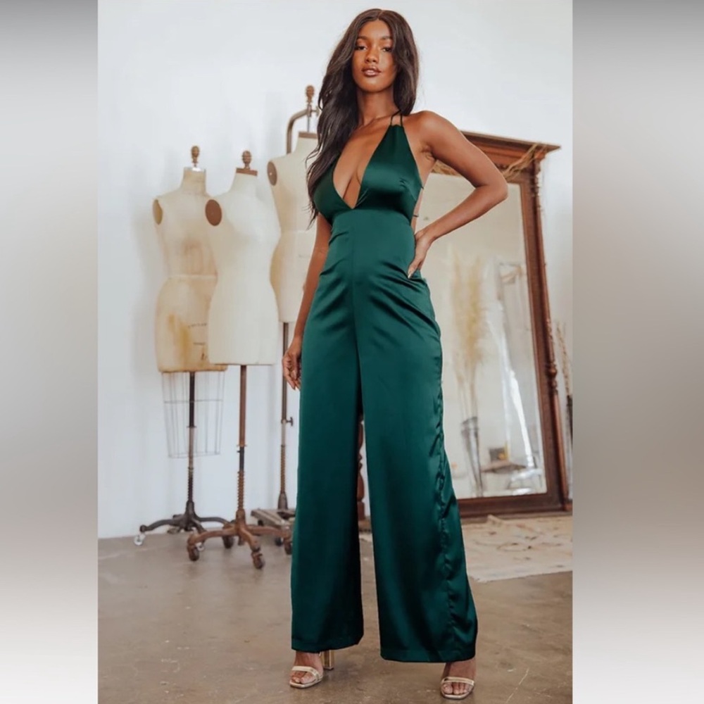 NWT Lulus Hold That Pose Green Satin Jumpsuit